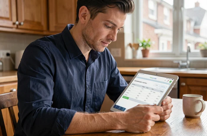 Homme consultant ses fiches de paie en ligne sur une tablette depuis son domicile, accès au portail de gestion salariale