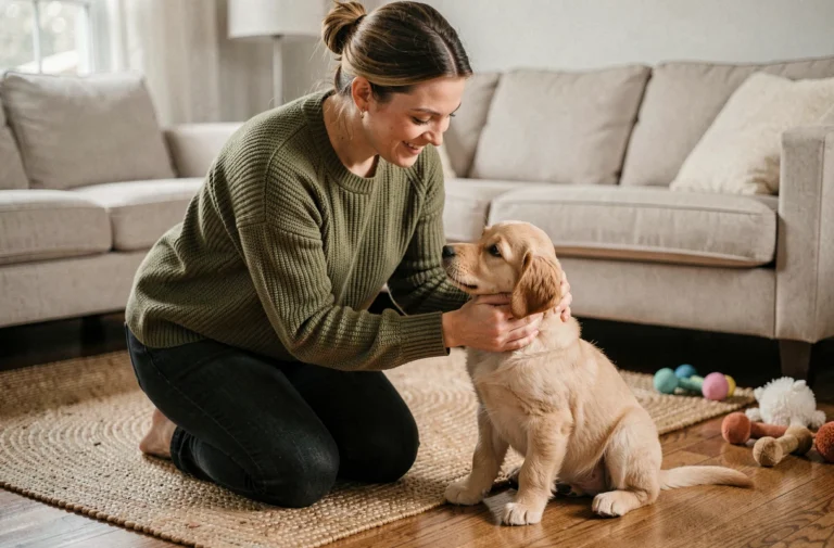 Femme accueillant un chiot golden retriever dans son salon, créant un lien de confiance au quotidien