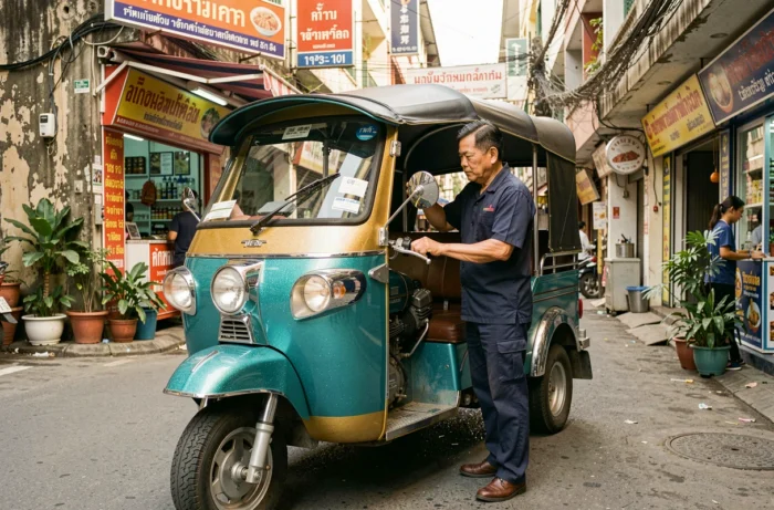 Tuk-tuk thaïlandais aux couleurs vives garé dans une ruelle de Bangkok, inspecté par un mécanicien local