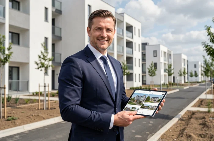 Agent immobilier présentant un programme neuf devant un immeuble résidentiel moderne en 2024