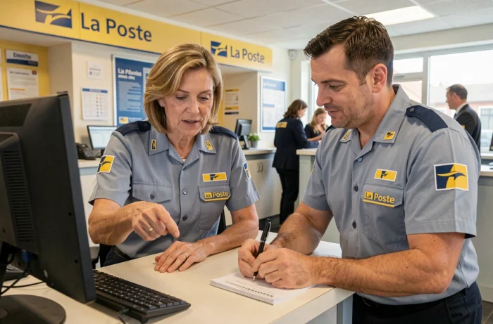 Deux agents La Poste consultant ensemble l'espace habillement en ligne au bureau d'un bureau de poste