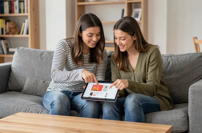 Dos amigas descubriendo juntas un código promocional de Zalando en una tablet en un salón minimalista