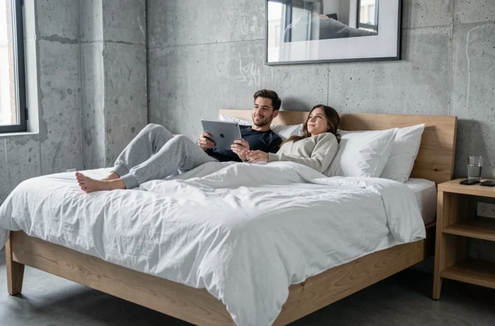 Deux amis regardant ensemble un film en VF sur une tablette dans une chambre minimaliste moderne