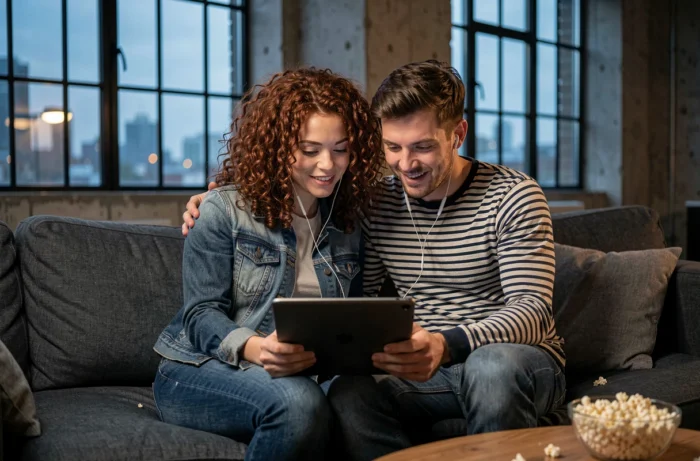 Deux amis regardant un film en streaming VF sur tablette dans un appartement urbain moderne