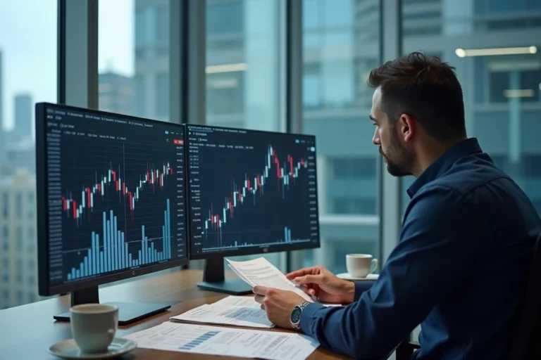 Analyste financier examinant des graphiques boursiers dans un bureau moderne pour décider d'investir dans Vivendi en 2024