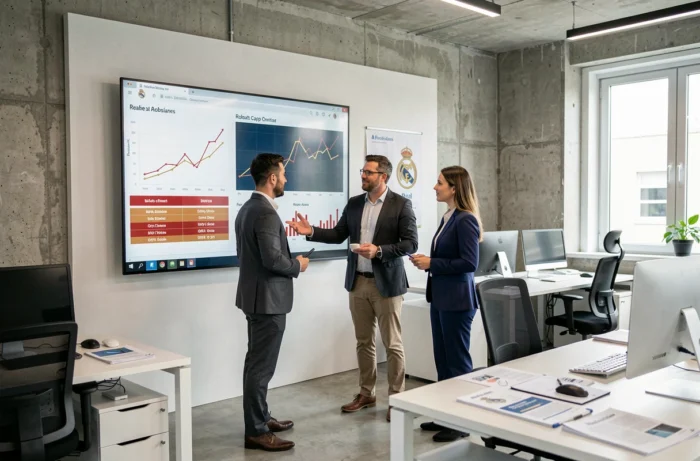Équipe d'analystes financiers examinant les graphiques de la masse salariale et des contrats joueurs du Real Madrid sur un écran numérique