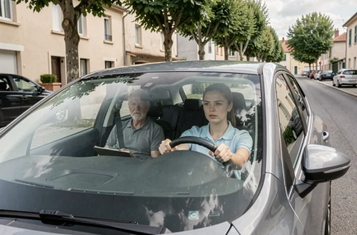 Jeune femme apprenant à conduire avec un moniteur auto-école dans une rue résidentielle de Rognac