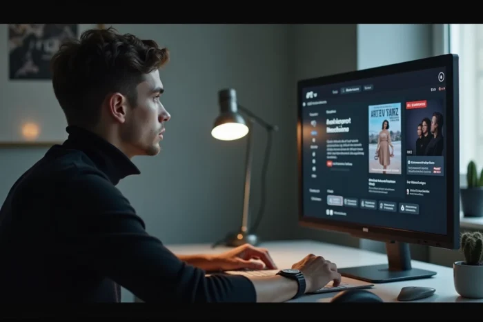 Un jeune homme regardant un film d'auteur en VOSTFR sur ARTE.tv depuis son bureau minimaliste