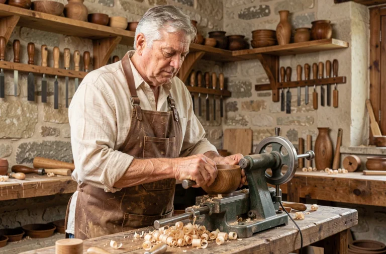 Artisan français travaillant le bois sur un tour dans un atelier rustique en pierre, illustrant l'excellence de l'artisanat traditionnel français