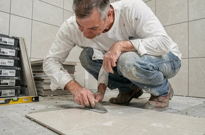 Artesano azulejador colocando baldosas de suelo con precisión en un baño en plena renovación completa