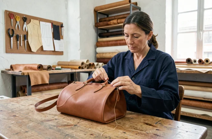Artisane française cousant à la main un sac en cuir de qualité dans un atelier parisien, symbole du savoir-faire artisanal made in France