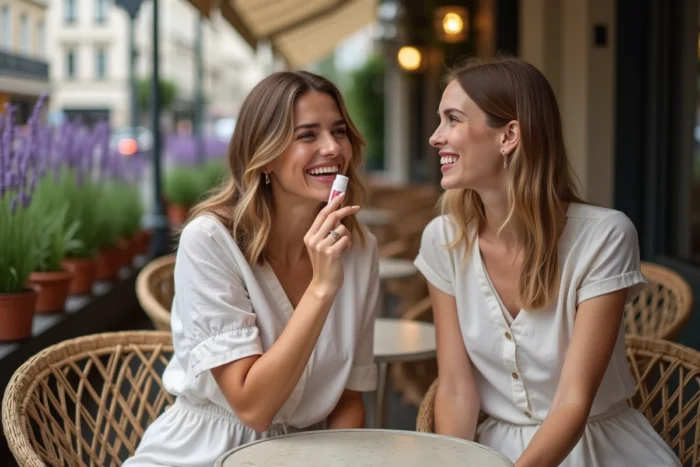 Deux femmes partageant des conseils beauté autour d'un soin lèvres à la terrasse d'un café parisien