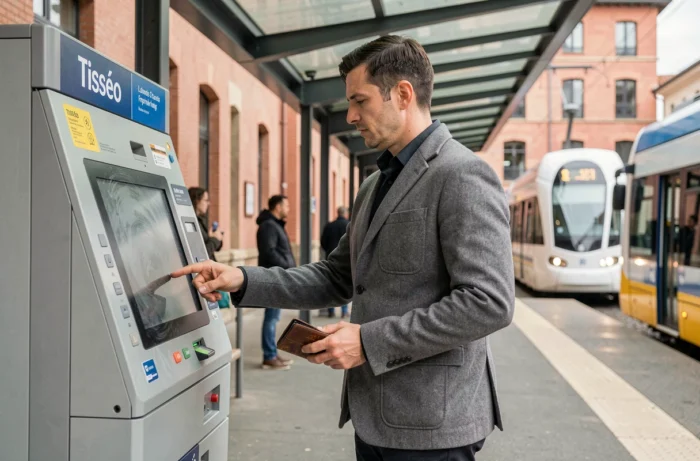 Homme achetant ou rechargeant sa carte de transport Tisséo à une borne automatique sur un arrêt de tramway à Toulouse