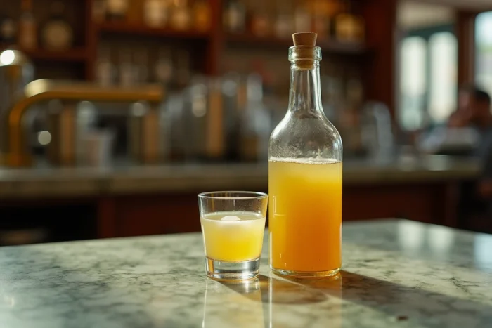 Bouteille de pastis et verre d'alcool anisé sur un comptoir de café en marbre, symbolisant la consommation de Ricard et ses effets sur la santé