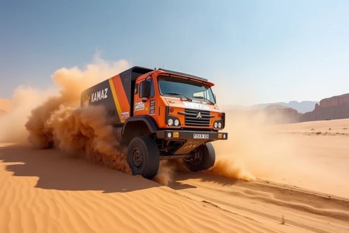 Camion Kamaz en compétition rallye sur une piste désertique sablonneuse avec nuage de poussière