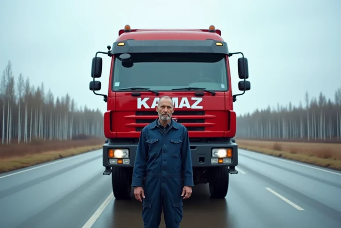 Camion Kamaz rouge sur une route industrielle russe avec un mécanicien inspectant le moteur