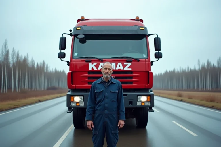 Camion Kamaz rouge sur une route industrielle russe avec un mécanicien inspectant le moteur