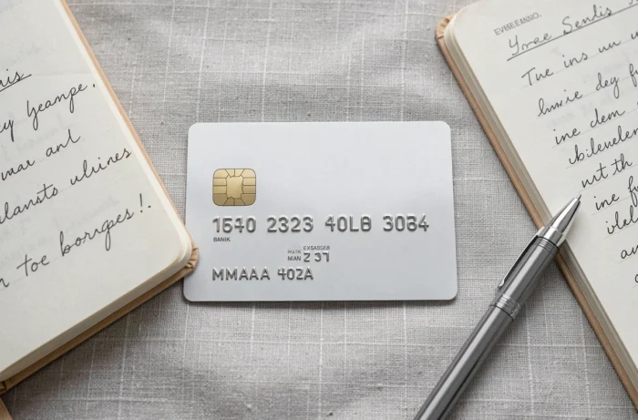Vue de dessus d'une carte bancaire avec la date d'expiration MM/AA visible, posée sur un bureau avec un carnet de notes