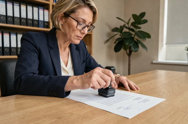 Femme professionnelle certifiant conforme un document administratif avec un tampon encreur dans un bureau moderne
