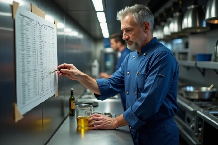 Chef cuisinier consultant une table de conversion grammes-litres dans une cuisine professionnelle de restaurant