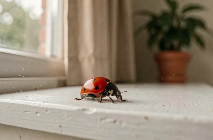 Coccinelle rouge à sept points sur le rebord de fenêtre d'une maison, vue en macro réaliste