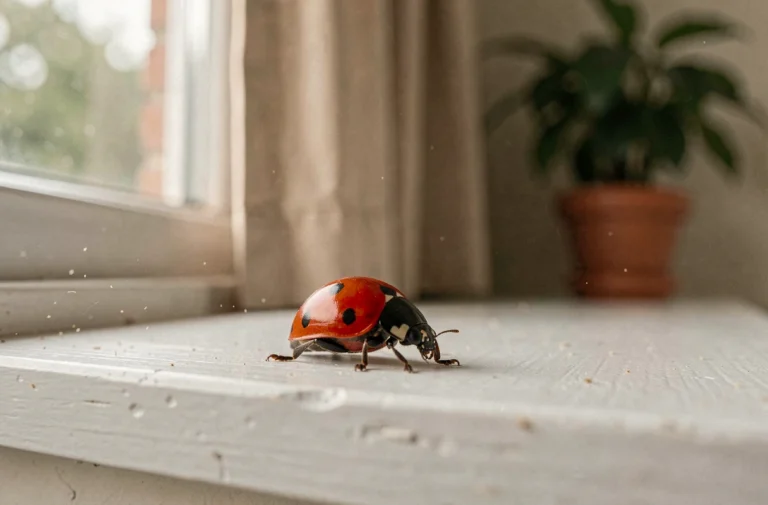 Coccinelle rouge à sept points sur le rebord de fenêtre d'une maison, vue en macro réaliste