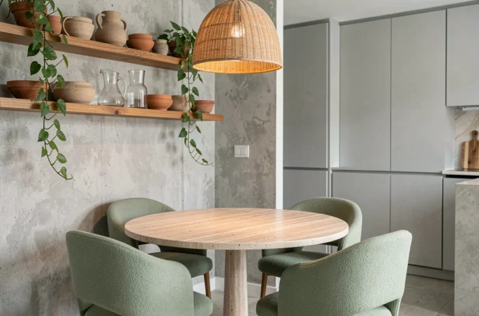 Coin repas contemporain avec table en travertin, chaises en bouclé vert sauge et étagères en béton brut selon les tendances déco intérieure 2024