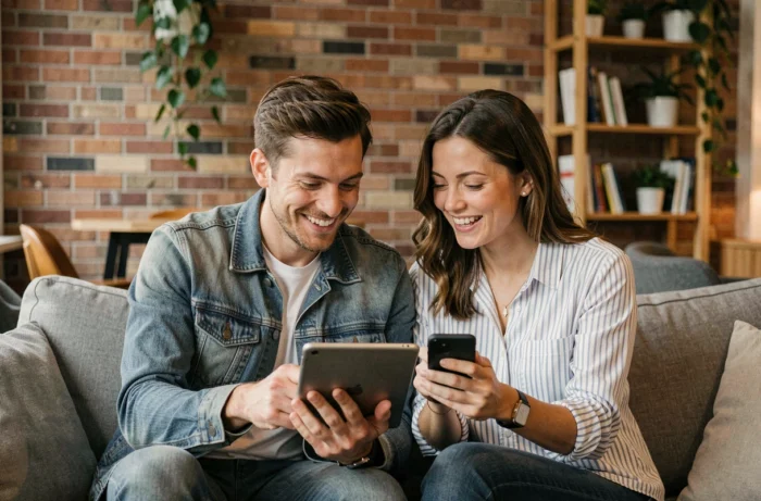 Deux collègues partageant des fichiers depuis une tablette et un smartphone dans un espace de coworking décontracté