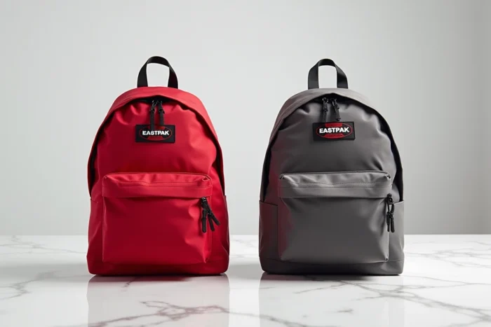 Comparaison côte à côte d'un vrai sac Eastpak authentique et d'une contrefaçon, montrant les différences de logo et de coutures