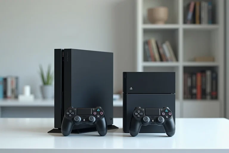 Comparaison PS4 Fat et PS4 Slim posées côte à côte sur un bureau blanc moderne avec leurs manettes DualShock 4