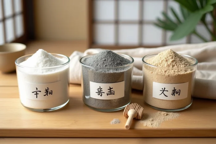 Comparaison de trois types de sable pour jardin zen japonais présentés dans des contenants en verre sur une table en chêne avec étiquettes artisanales