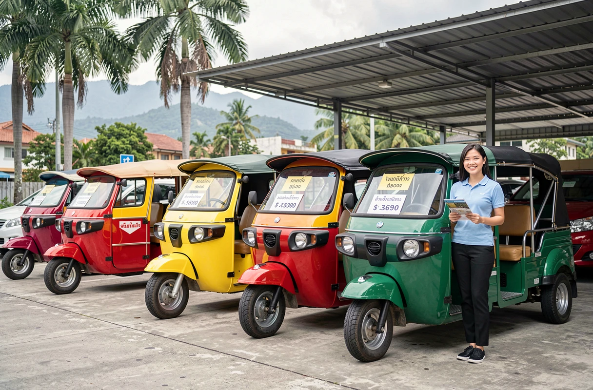 Rangée de tuk-tuks à vendre dans un concessionnaire de Chiang Mai avec étiquettes de prix en bahts thaïlandais