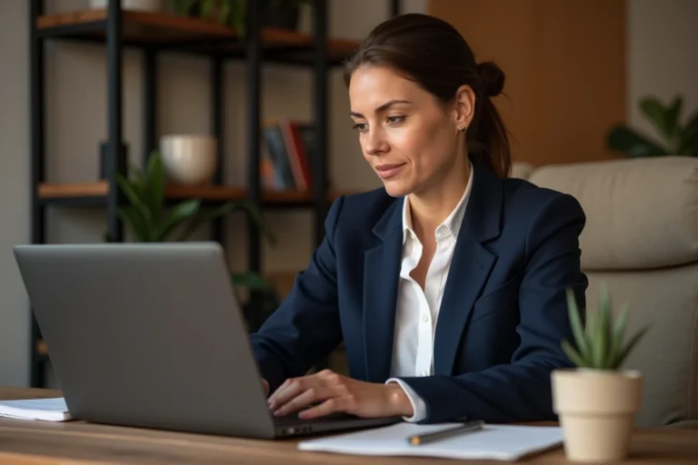 Femme professionnelle connectée à son compte bancaire BNP en ligne sur un ordinateur portable dans un bureau à domicile moderne