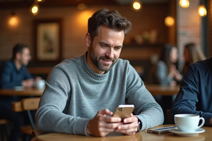 Homme utilisant son smartphone pour se connecter à son compte BNP en ligne dans un café parisien