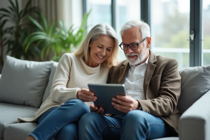 Couple de seniors consultant leur compte BNP en ligne sur une tablette dans leur salon moderne