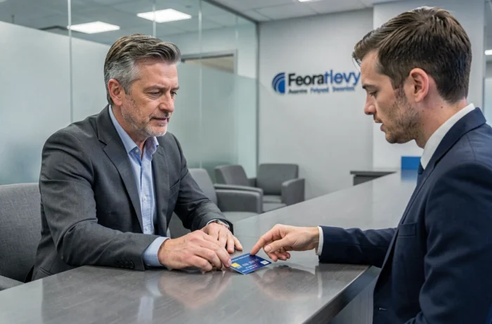 Conseiller bancaire expliquant la signification du code MM/AA d'une carte de crédit à un client