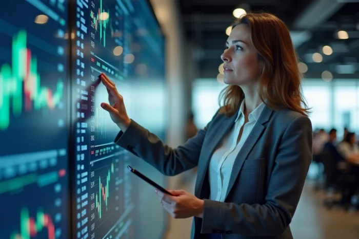 Conseillère en investissement présentant une analyse boursière sur écran numérique dans une salle de trading