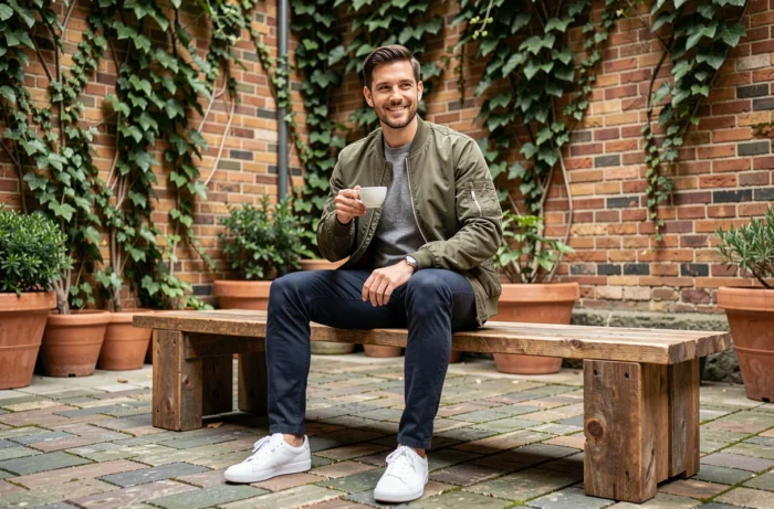 Homme stylé en veste bomber olive assis dans une cour urbaine tendance, incarnant les conseils de style masculin pour la saison
