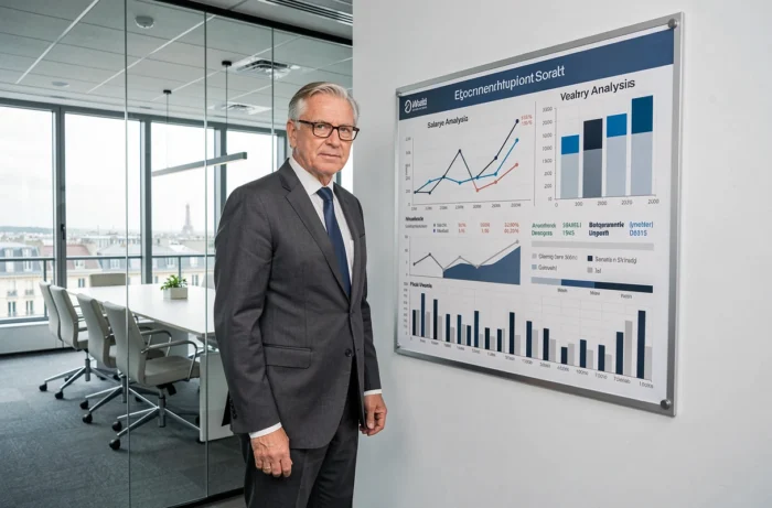Consultant économique senior analysant des graphiques de salaires et de fortune dans une salle de conférence moderne à Paris