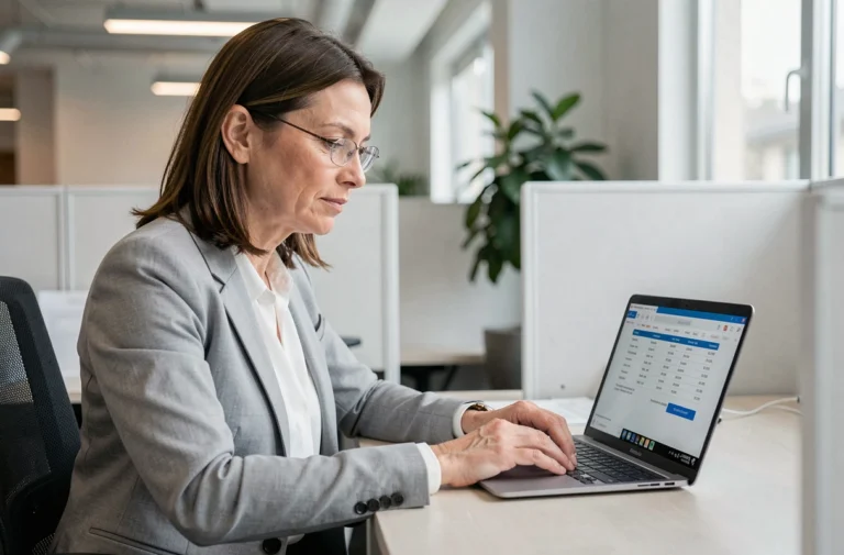 Femme professionnelle consultant sa fiche de paie sur un ordinateur portable au bureau, interface Arkevia affichée à l'écran