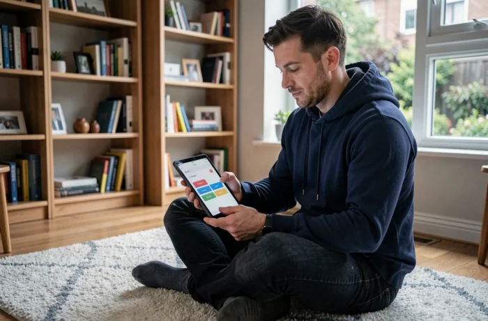 Homme utilisant une tablette pour contrôler les équipements connectés de sa maison depuis un bureau à domicile confortable