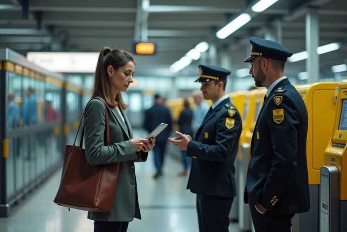 Femme en discussion avec des agents RATP lors d'un contrôle à la sortie d'une station RER