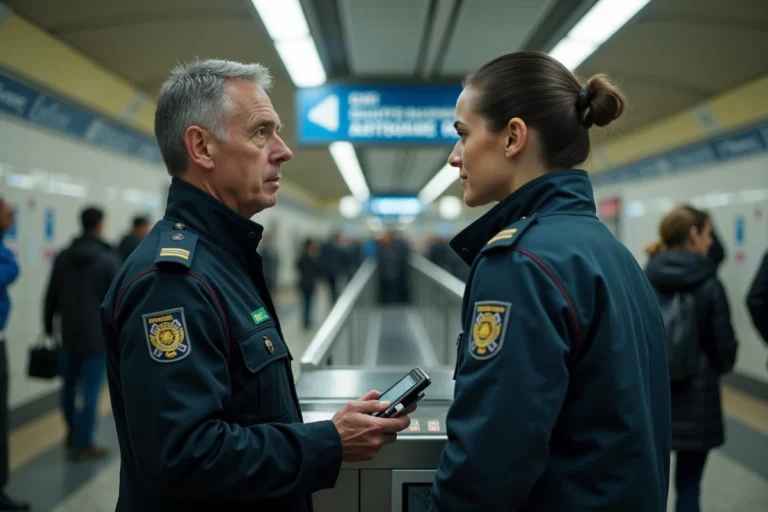 Contrôleur RATP en uniforme vérifiant le titre de transport d'une passagère dans une station de métro parisienne