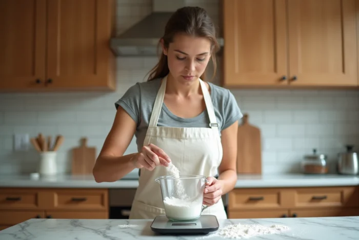 Femme versant de la farine d'une balance numérique dans un verre doseur en cuisine pour convertir des grammes en litres