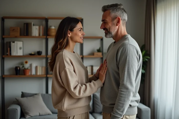 Couple en discussion émotionnelle dans un salon, représentant les différences de connexion affective entre femme et homme