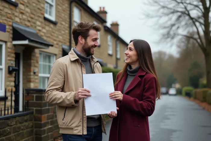 Un couple tenant une offre de prêt immobilier acceptée devant leur futur bien immobilier