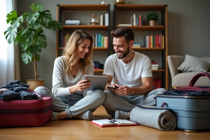 Couple préparant leurs valises et organisant leurs affaires avant un grand voyage autour du monde