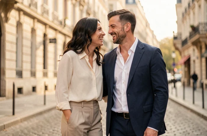 Couple élégant et complice dans une rue parisienne, illustrant la fascination des internautes pour Samantha de Bendern et son conjoint