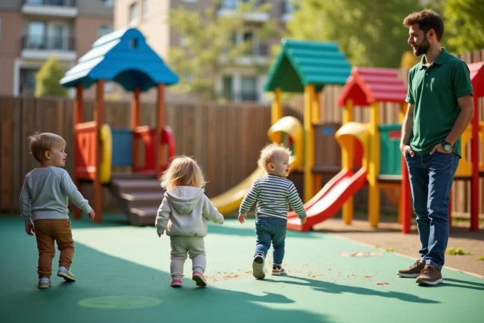Enfants jouant librement dans la cour extérieure sécurisée d'une crèche sous la surveillance d'un éducateur