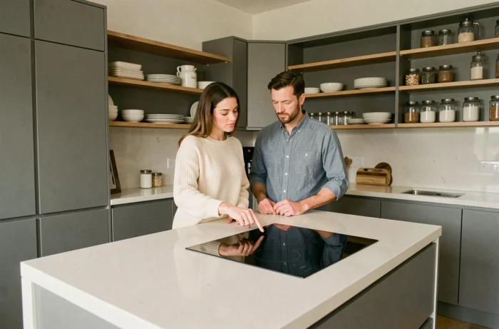 Couple dans une cuisine rénovée avec équipements modernes et solutions innovantes pour améliorer le confort et la fonctionnalité du foyer